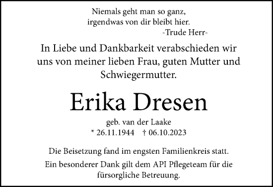 Traueranzeige von Erika Dresen von Tageszeitung