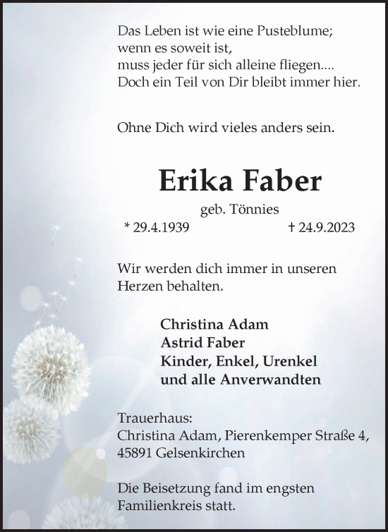 Traueranzeige von Erika Faber von Tageszeitung