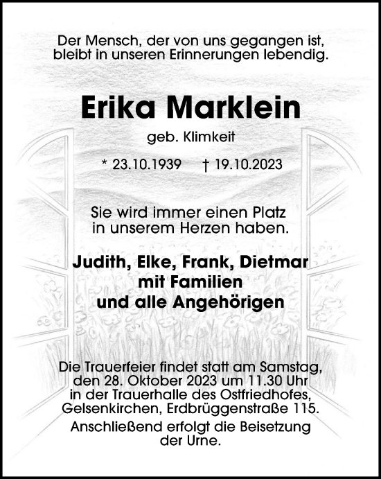 Traueranzeige von Erika Marklein von Tageszeitung