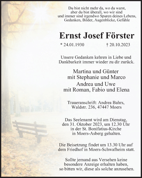 Traueranzeige von Ernst Josef Förster von Tageszeitung