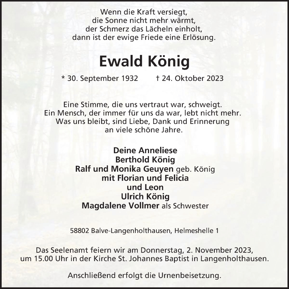  Traueranzeige für Ewald König vom 28.10.2023 aus Tageszeitung