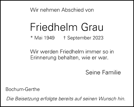 Traueranzeige von Friedhelm Grau von Tageszeitung