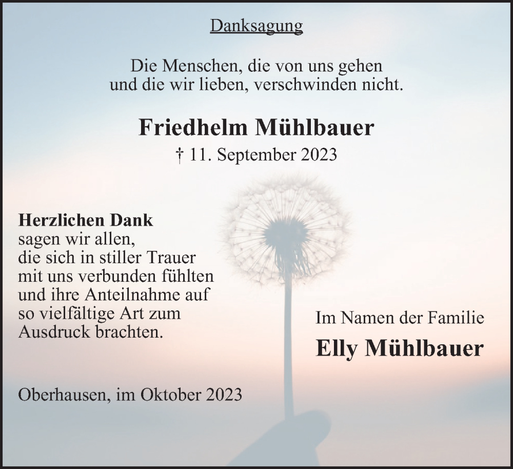 Traueranzeigen von Friedhelm Mühlbauer Trauer in NRW de