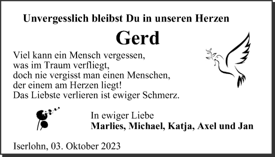 Traueranzeige von Gerd  von Tageszeitung