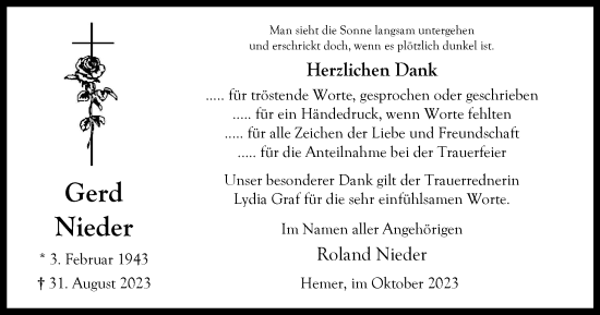 Traueranzeige von Gerd Nieder von Tageszeitung