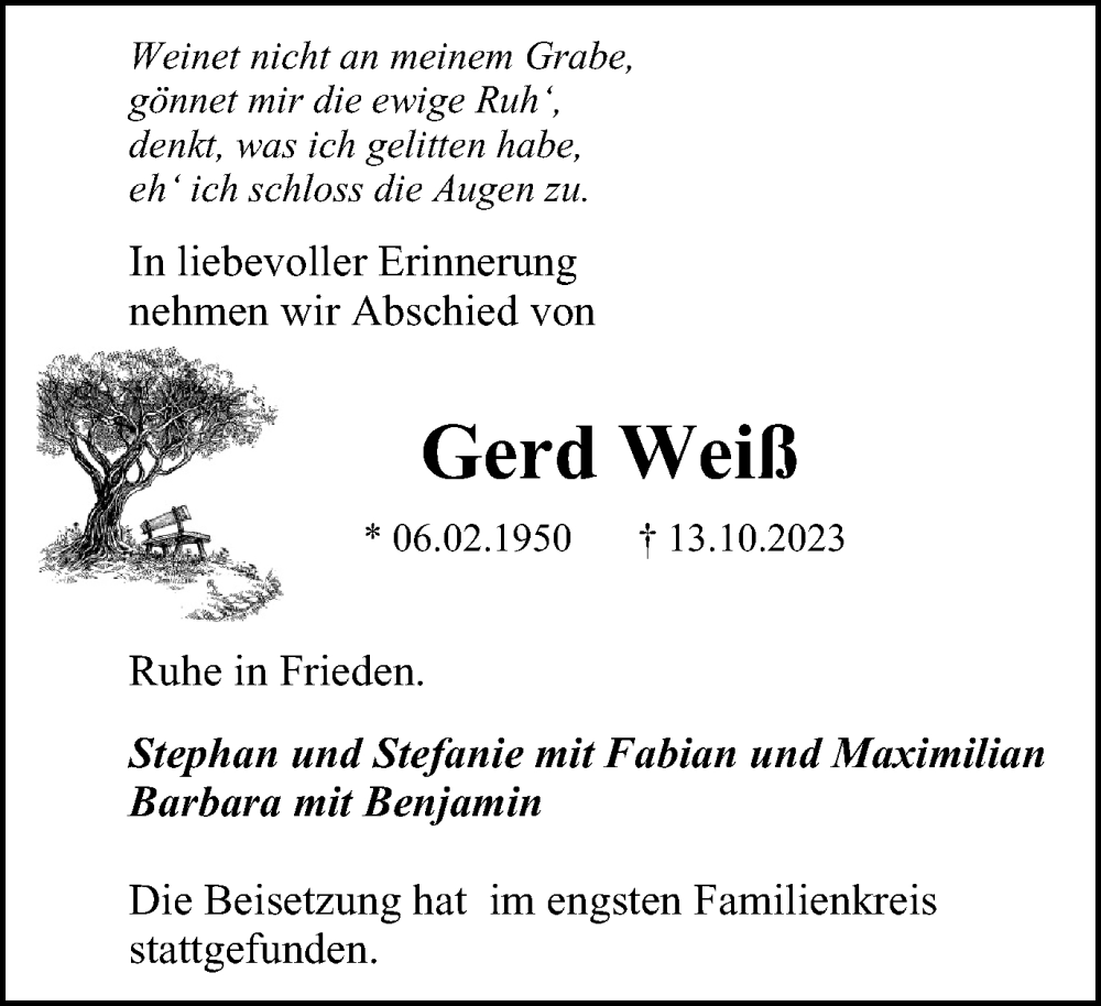  Traueranzeige für Gerd Weiß vom 21.10.2023 aus Tageszeitung