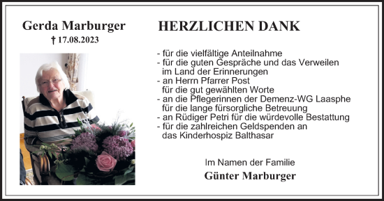 Traueranzeige von Gerda Marburger von Tageszeitung