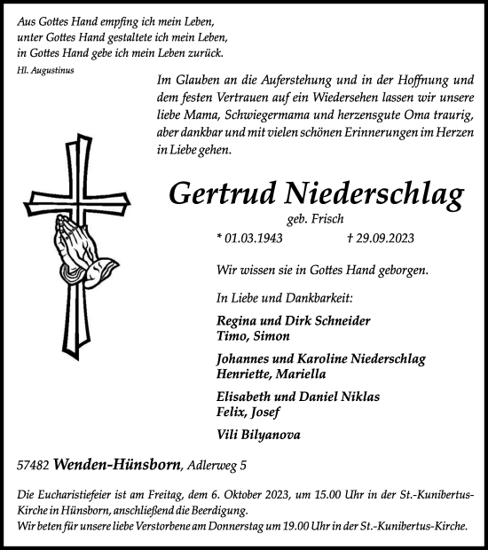 Traueranzeige von Gertrud Niederschlag von Tageszeitung