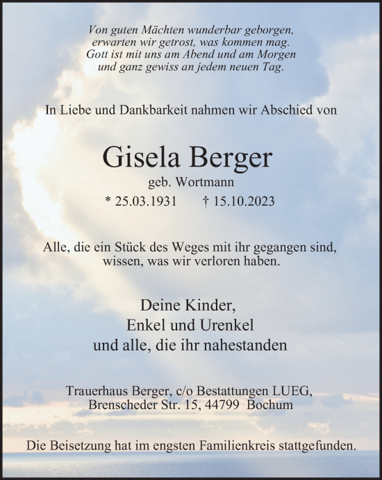 Traueranzeige von Gisela Berger von Tageszeitung