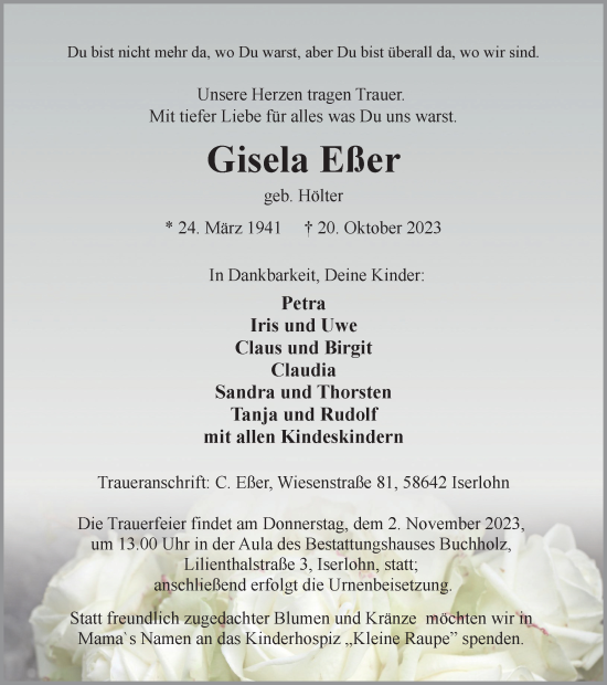 Traueranzeige von Gisela Eßer von Tageszeitung
