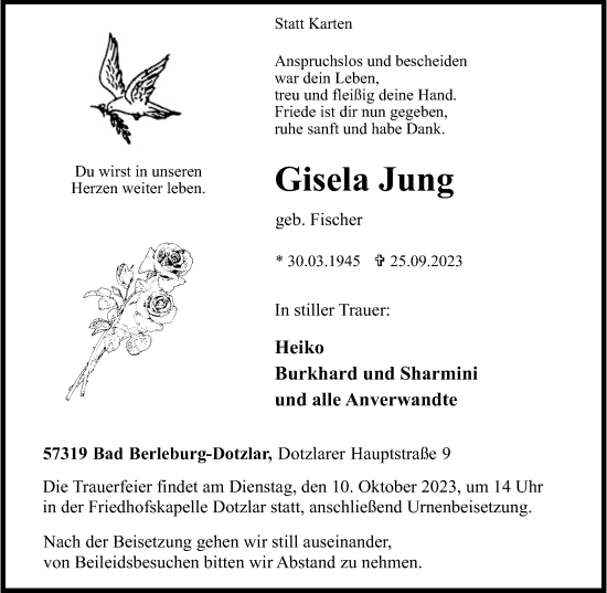 Traueranzeige von Gisela Jung von Tageszeitung
