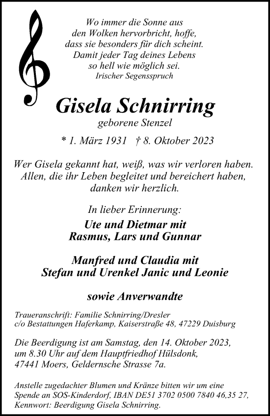 Traueranzeige von Gisela Schnirring von Tageszeitung