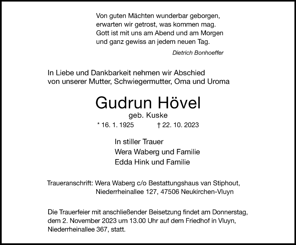  Traueranzeige für Gudrun Hövel vom 28.10.2023 aus Tageszeitung