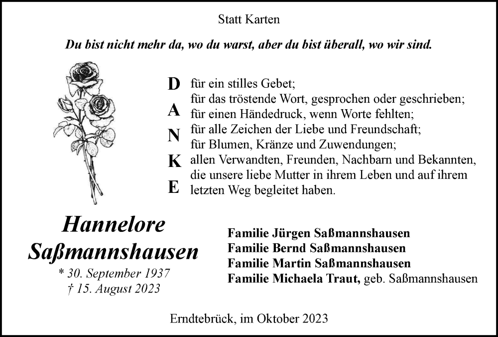  Traueranzeige für Hannelore Saßmannshausen vom 14.10.2023 aus Tageszeitung
