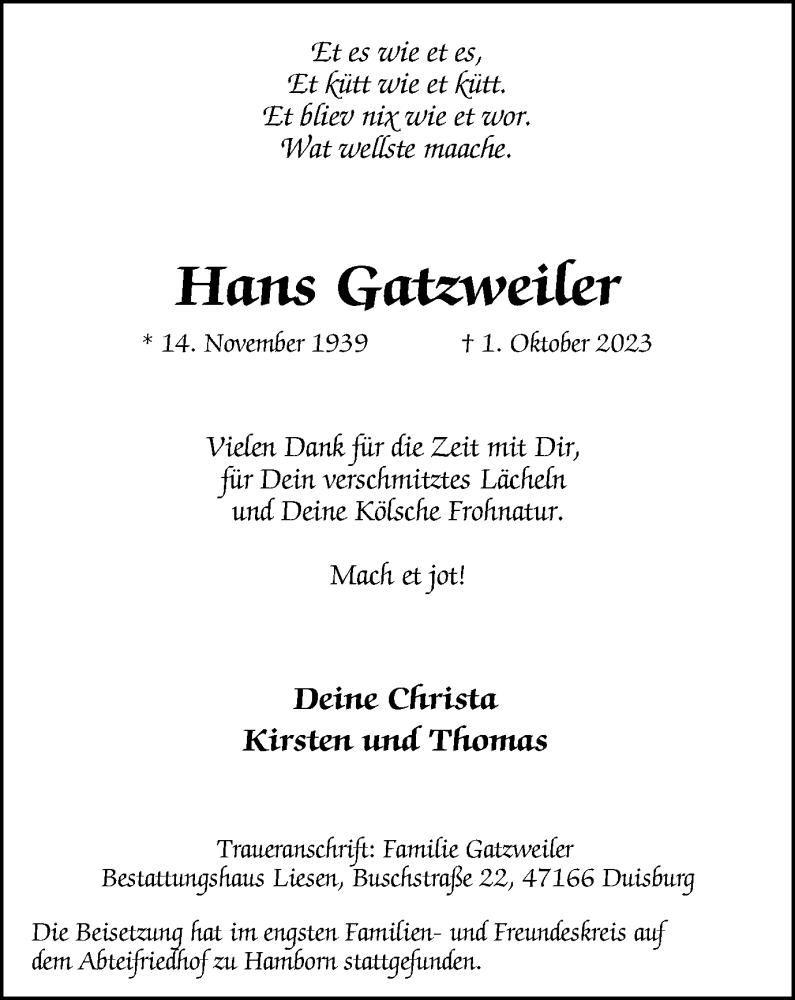  Traueranzeige für Hans Gatzweiler vom 14.10.2023 aus Tageszeitung
