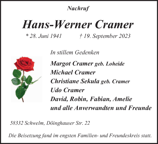 Traueranzeige von Hans-Werner Cramer von Tageszeitung