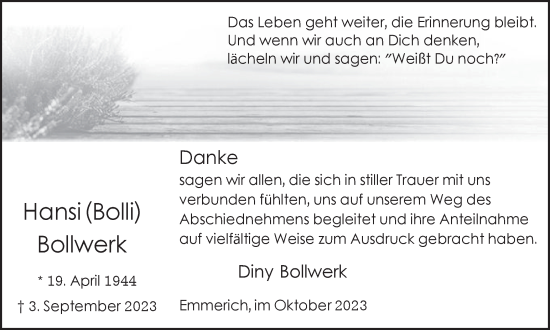 Traueranzeige von Hansi  Bollwerk von Tageszeitung