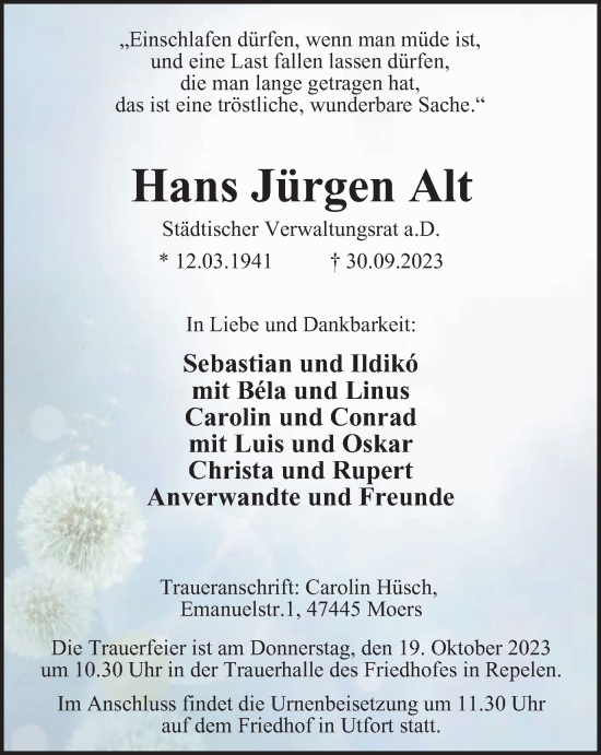 Traueranzeige von Hans Jürgen Alt von Tageszeitung