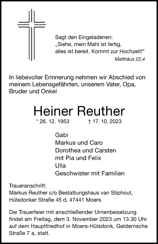 Traueranzeige von Heiner Reuther von Tageszeitung