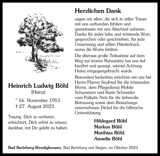 Traueranzeige von Heinrich Ludwig Böhl von Tageszeitung