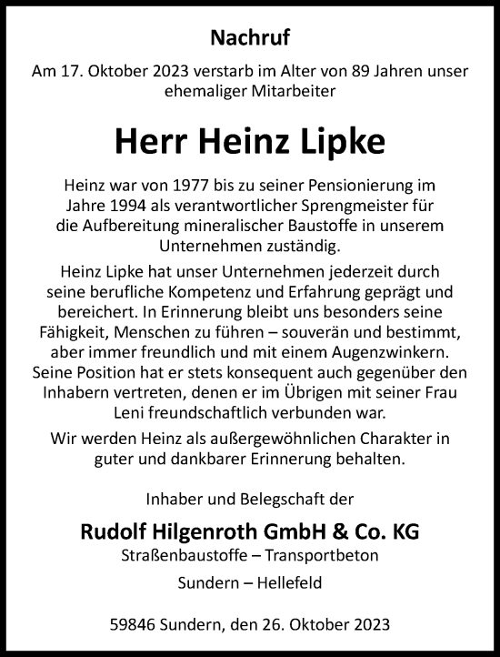 Traueranzeige von Heinz Lipke von Tageszeitung