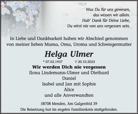Traueranzeige von Helga Ulmer von Tageszeitung