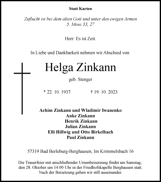 Traueranzeige von Helga Zinkann von Tageszeitung