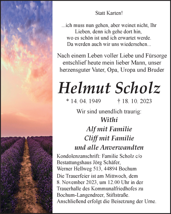 Traueranzeige von Helmut Scholz von Tageszeitung