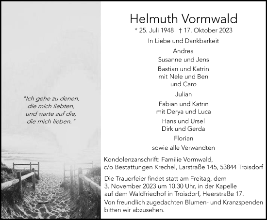 Traueranzeige von Helmuth Vormwald von Tageszeitung