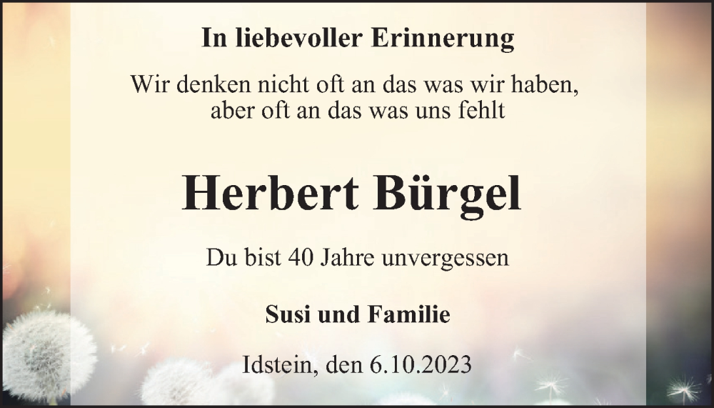  Traueranzeige für Herbert Bürgel vom 06.10.2023 aus Tageszeitung