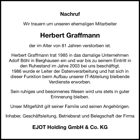 Traueranzeige von Herbert Graffmann von Tageszeitung