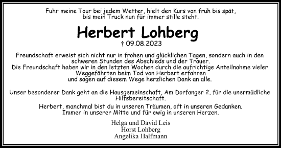 Traueranzeige von Herbert Lohberg von Tageszeitung