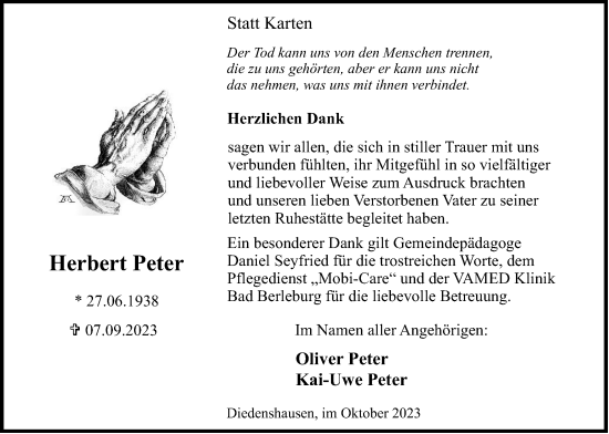 Traueranzeige von Herbert Peter von Tageszeitung