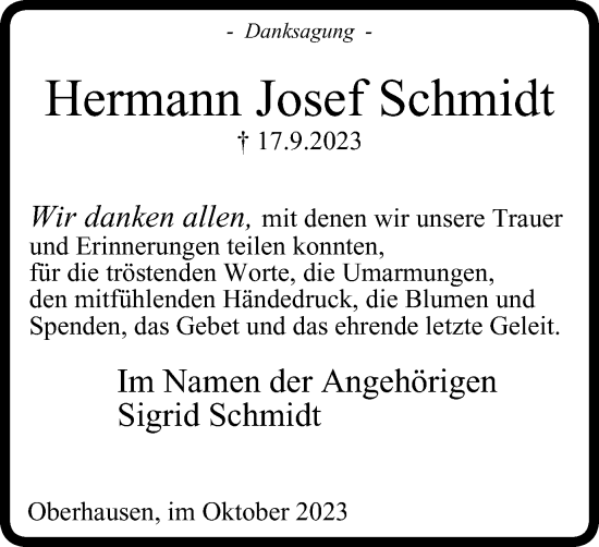 Traueranzeige von Hermann Josef Schmidt von Tageszeitung