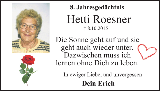 Traueranzeige von Hetti Roesner von Tageszeitung