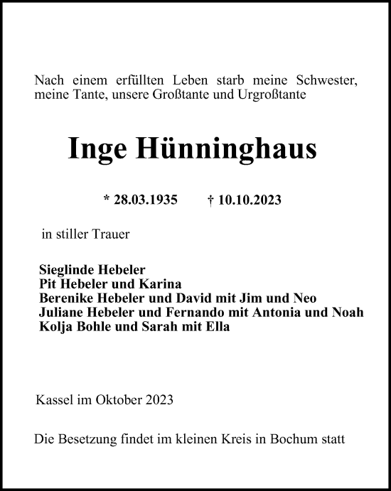 Traueranzeige von Inge Hünninghaus von Tageszeitung