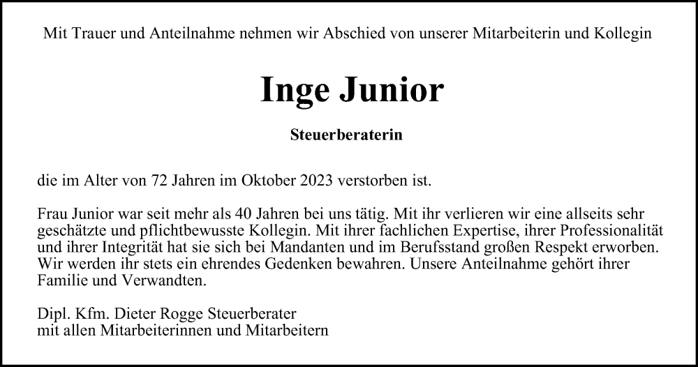  Traueranzeige für Inge Junior vom 21.10.2023 aus Tageszeitung