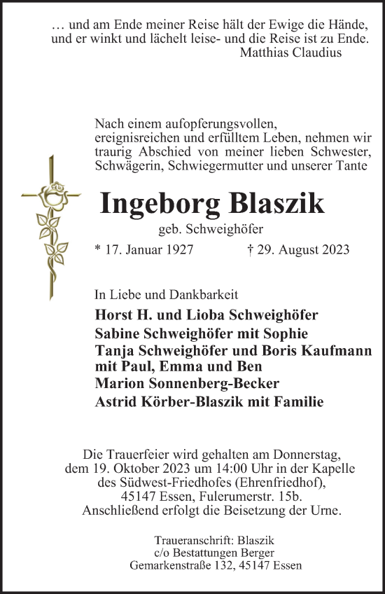 Traueranzeige von Ingeborg Blaszik von Tageszeitung