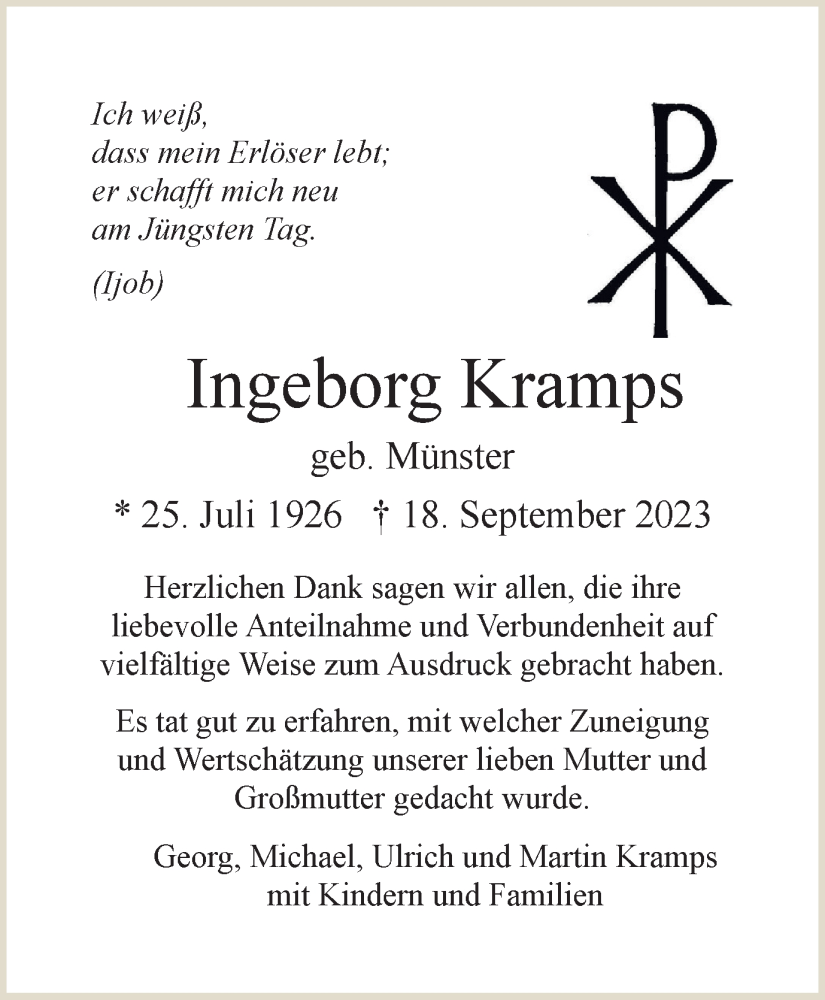  Traueranzeige für Ingeborg Kramps vom 28.10.2023 aus Tageszeitung