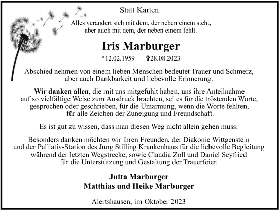 Traueranzeige von Iris Marburger von Tageszeitung