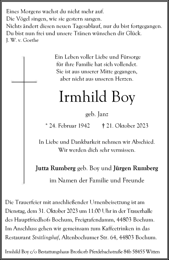 Traueranzeige von Irmhild Boy von Tageszeitung