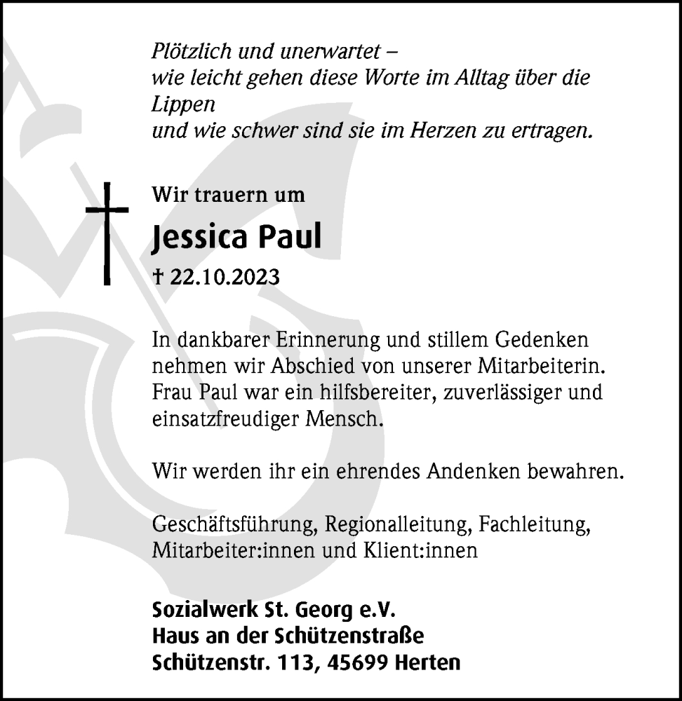  Traueranzeige für Jessica Paul vom 30.10.2023 aus Tageszeitung