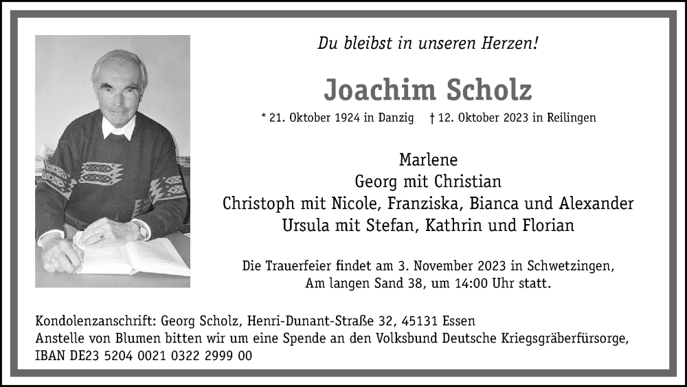  Traueranzeige für Joachim Scholz vom 21.10.2023 aus Tageszeitung