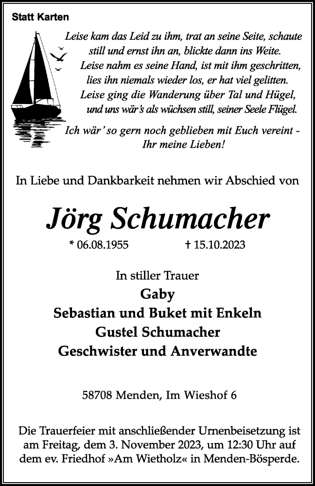  Traueranzeige für Jörg Schumacher vom 21.10.2023 aus Tageszeitung