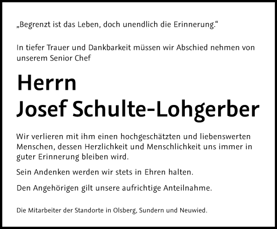 Traueranzeige von Josef Schulte-Lohgerber von Tageszeitung