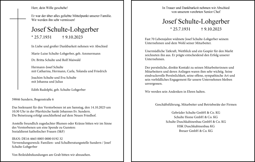 Traueranzeige für Josef Schulte-Lohgerber vom 13.10.2023 aus Tageszeitung