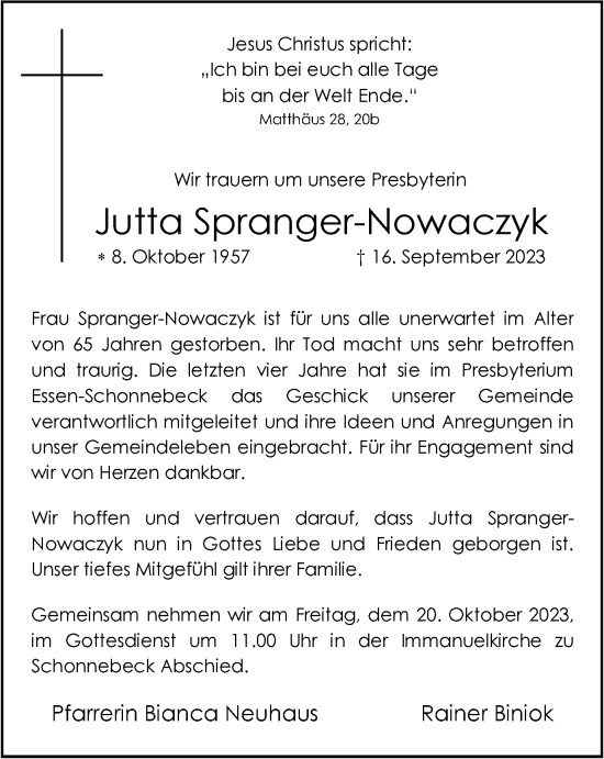 Traueranzeige von Jutta Spranger-Nowaczyk von Tageszeitung