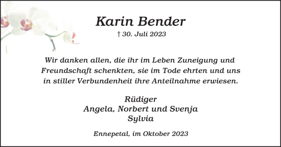 Traueranzeige von Karin Bender von Tageszeitung