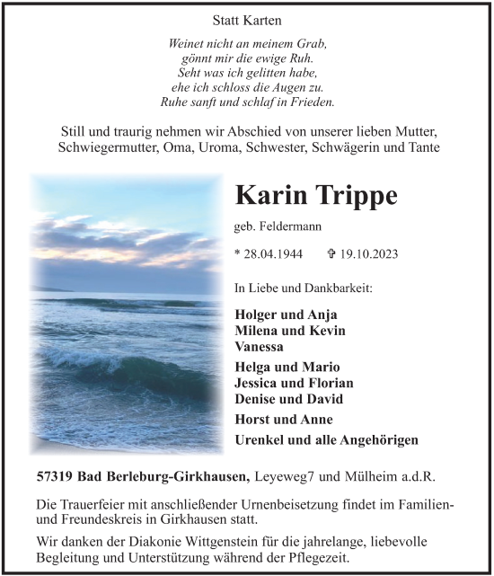 Traueranzeige von Karin Trippe von Tageszeitung