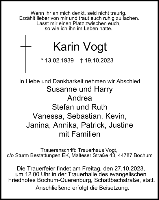 Traueranzeige von Karin Vogt von Tageszeitung